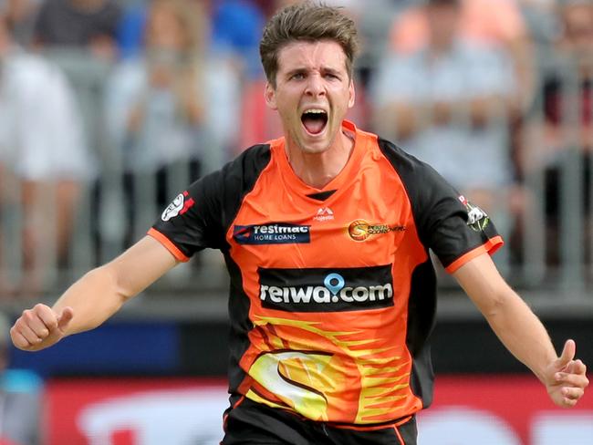 Jhye Richardson of the Scorchers celebrates after dismissing Jake Lehmann of the Strikers during the Big Bash League (BBL) match between the Perth Scorchers and the Adelaide Strikers at Optus Stadium in Perth, Wednesday, December 26, 2018. (AAP Image/Richard Wainwright) NO ARCHIVING, EDITORIAL USE ONLY, IMAGES TO BE USED FOR NEWS REPORTING PURPOSES ONLY, NO COMMERCIAL USE WHATSOEVER, NO USE IN BOOKS WITHOUT PRIOR WRITTEN CONSENT FROM AAP