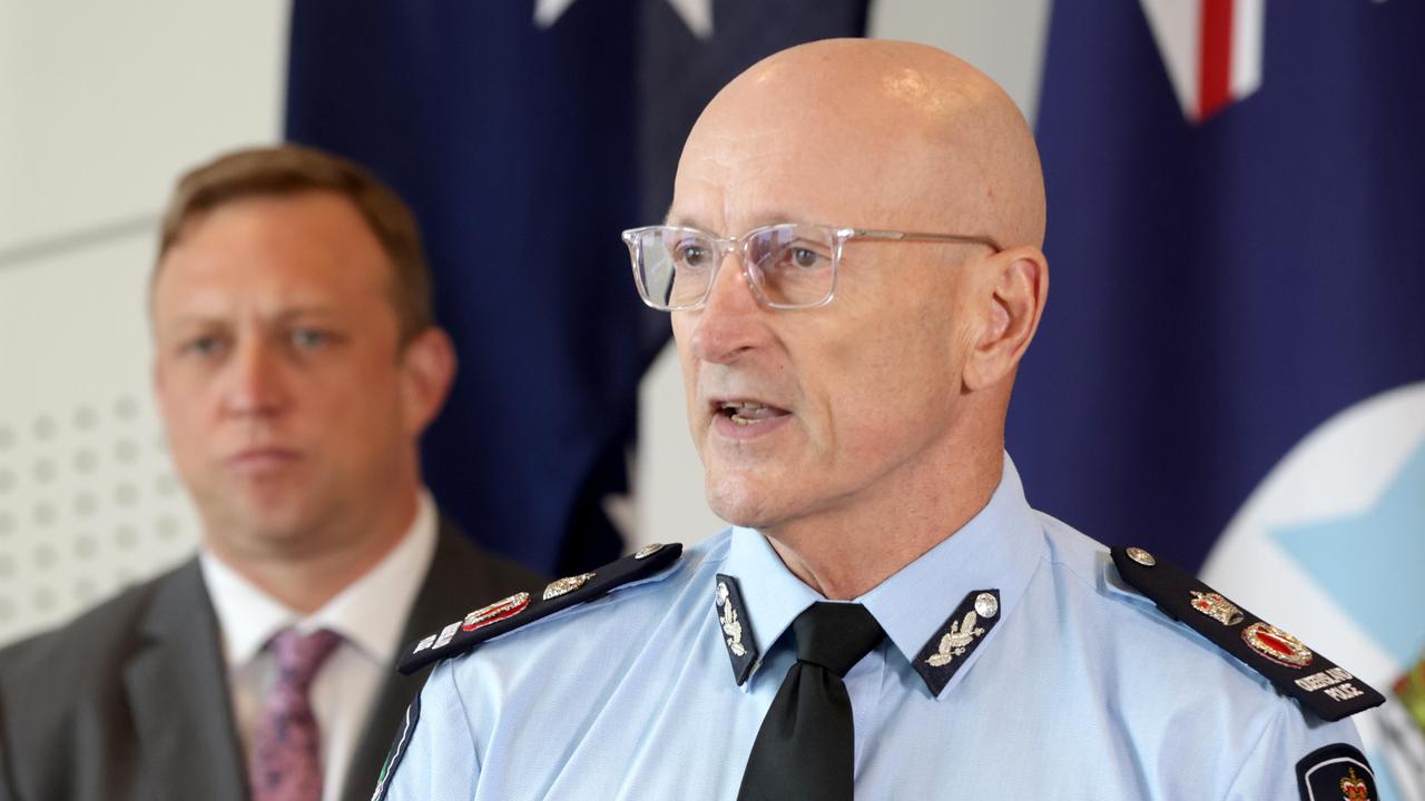 Veteran officer Steve Gollschewski is announced by Premier Steven Miles as Queensland’s new police commissioner on Monday. Picture: Steve Pohlner