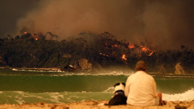 A man and his dog watch the bushfires from Malua Bay beach in NSW. Picture: Alex Coppel.