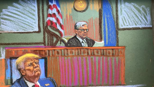 Trump still looks confident as Justice Juan Merchan instructs the jury. Picture: Christine Cornell, via The Times