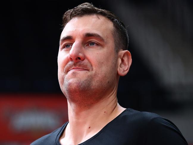 WOLLONGONG, AUSTRALIA - APRIL 29: Andrew Bogut looks on during game one of the NBL Semi Final series between the Illawarra Hawks and the Sydney Kings at WIN Entertainment Centre on April 29, 2022 in Wollongong, Australia. (Photo by Mark Metcalfe/Getty Images)