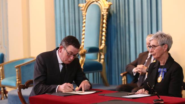 Linda Dessau (right), with Victorian Premier Daniel Andress (left), is likely to conclude her tenure as Victorian Governor in June. Picture: NCA NewsWire / David Crosling