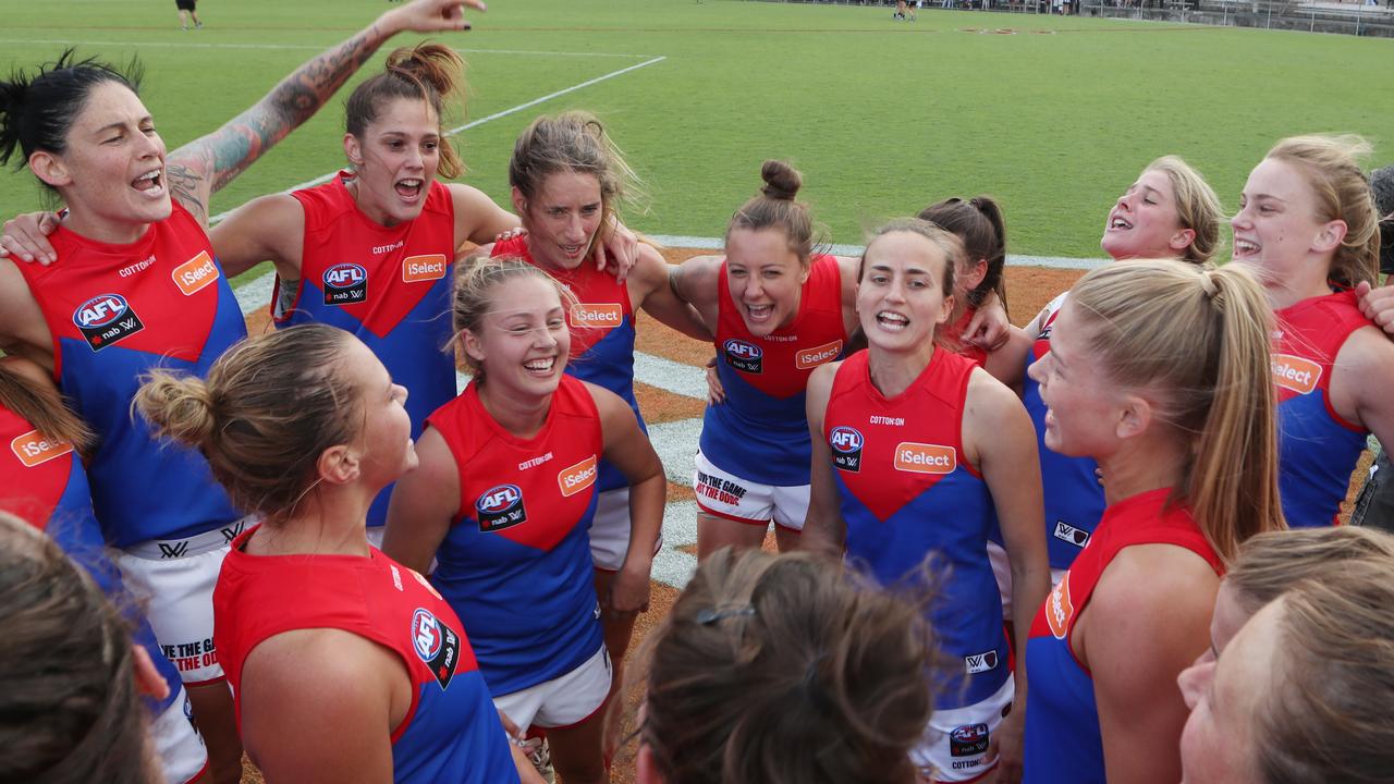 Melbourne celebrate their win over Collingwood in Round 2.