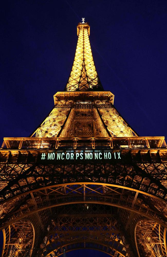 A message reading "My body, my choice" is projected onto the Eiffel Tower after the French parliament voted to anchor the right to abortion in the country's constitution. Picture: Dimitar Dilkoff/AFP