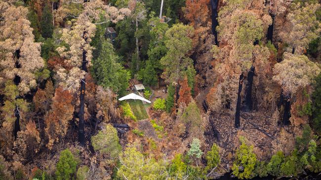 Aerial images of Tahune Airwalk after the fires. Picture: RICHARD JUPE