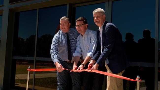 Murweh Shire mayor Shaun 'Zoro' Radnedge, Federal Maranoa member David Littleproud and State Tourism Minister Stirling Hinchliffe officially opened the secret WW2 US army base in Charleville on Thursday October 5, 2023 following the completion of project's final stage. Picture: Supplied.