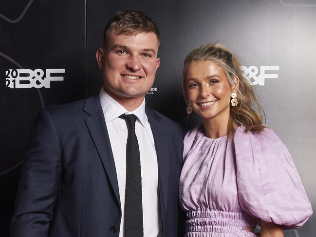 Ollie Wines and his partner, Olivia May at the Port Adelaide Best and Fairest at the Adelaide Convention Centre, Thursday, Sept. 30, 2021. Picture: MATT LOXTON