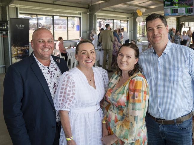 At the Warwick Cup race day are (from left) Jay Simpson, Michelle Simpson, Angela Wilkie and Craig Wilkie at Allman Park Racecourse, Saturday, October 14, 2023. Picture: Kevin Farmer