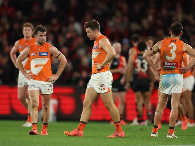 MELBOURNE, AUSTRALIA - MAY 11: Toby Greene of the Giants looks dejected after the Giants were defeated by the Bombers during the round nine AFL match between Essendon Bombers and Greater Western Sydney Giants at Marvel Stadium, on May 11, 2024, in Melbourne, Australia. (Photo by Robert Cianflone/Getty Images)