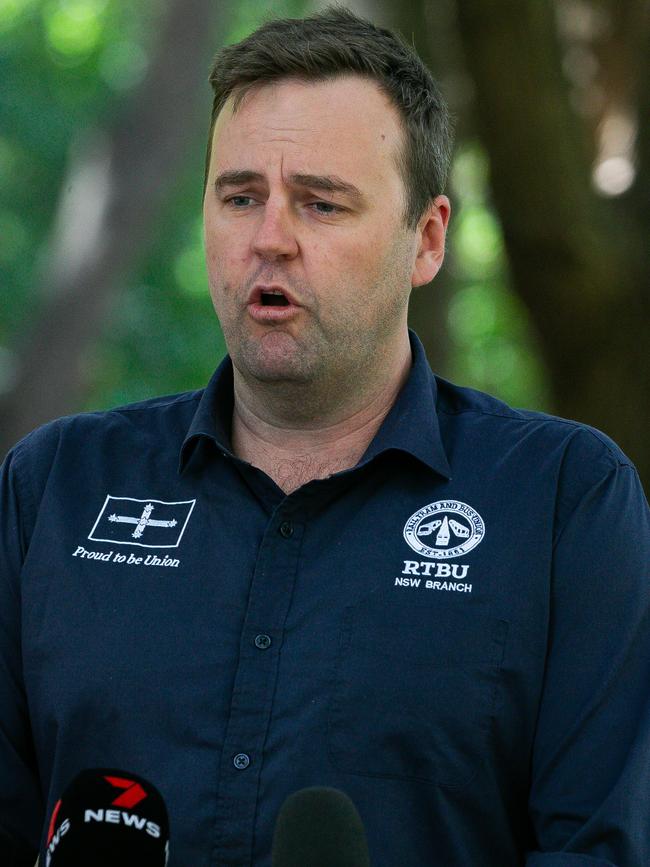 RTBU NSW Secretary Toby Warnes addresses the media in a press conference in Sydney CBD to provide an update on bargaining for rail worker's Enterprise Agreement. Picture: NewsWire / Gaye Gerard