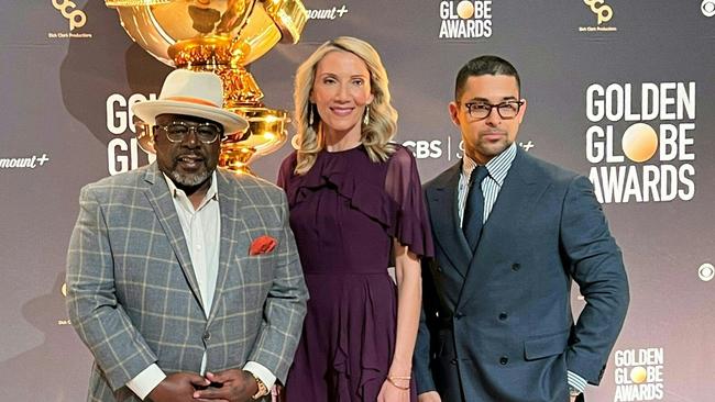 (L-R) Cedric the Entertainer, Helen Hoehne and Wilmer Valderrama announce the nominations announcement for the 81st Golden Globe Awards, December 11, 2023, at the Beverly Hilton Hotel in Beverly Hills, California. (Photo by Valerie MACON / AFP)