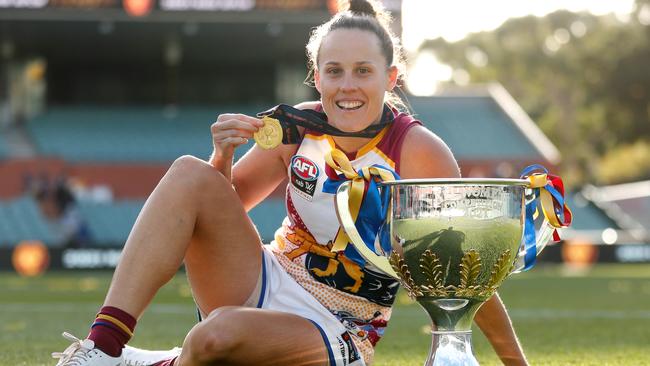 Lions skipper Emma Zielke with the 2021 premiership cup. Picture: Michael Willson/AFL Photos via Getty Images