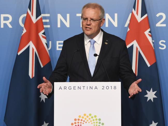 Prime Minister Scott Morrison speaks to the media at the G20 summit in Buenos Aires, Argentina. Picture: AAP/Lukas Coch