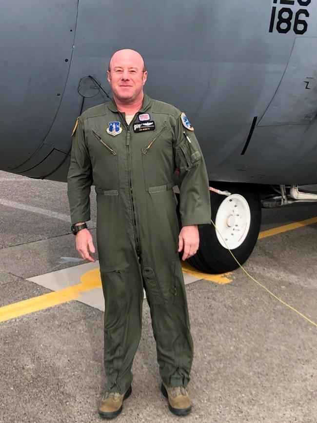 Captain Ian McBeth in front of a Montana Air National Guard C-130. Picture: AP