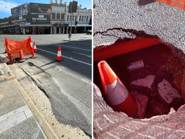 The sinkhole in Flinders St is about one witches' hat deep and opens down onto an orange pipe. Motorists say it first appeared as a pretty bad pothole about a week ago.