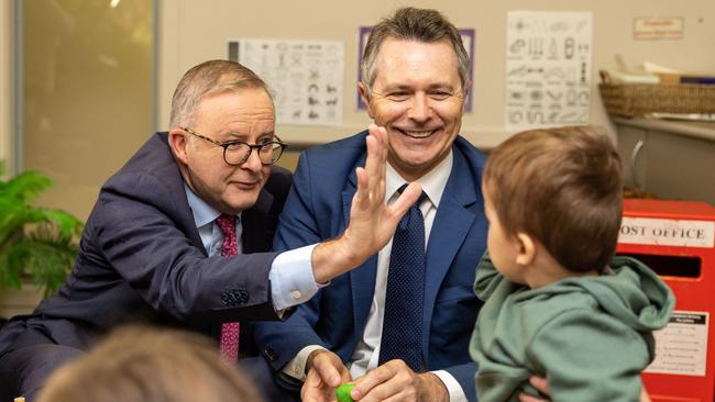 CANBERRA, AUSTRALIA - NewsWire Photos MARCH 23, 2023:  Prime Minister Anthony Albanese with Alexander Hawkes, 2 years old and Elyse Garth, 4 years old. Prime Minister Anthony Albanese with Ministers Jason Clare and Kristy McBain at a child care centre in Queanbeyan, NSW. Picture: NewsWire / Gary Ramage