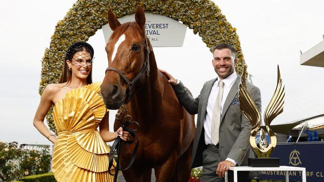 Erin Holland and James Tedesco with Gerry the horse and the Golden Eagle Trophy at Rosehill Gardens. Picture: Jonathan Ng