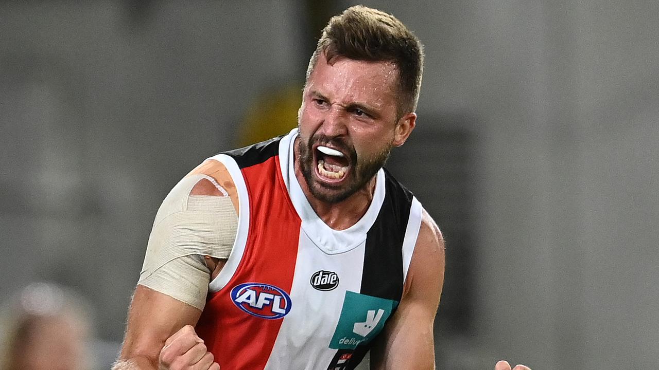 BRISBANE, AUSTRALIA - OCTOBER 03: Jarryn Geary of the Saints celebrates after scoring a goal during the AFL Second Elimination Final match between the St Kilda Saints and the Western Bulldogs at The Gabba on October 03, 2020 in Brisbane, Australia. (Photo by Quinn Rooney/Getty Images)