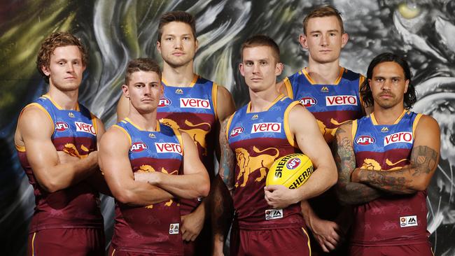 Brisbane’s leadership group (from left) Ryan Lester, Dayne Zorko, Stefan Martin, Dayne Beams, Harris Andrews and Allen Christensen.