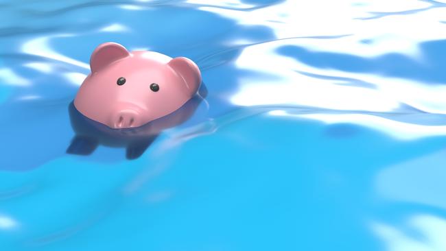 Global recession or bankruptcy 3D concept: Financial and economy crises. Rising inflation.  Piggy bank drowning in debt - savings to risk background with large copy space. Money losing value and investments failed; savings generic