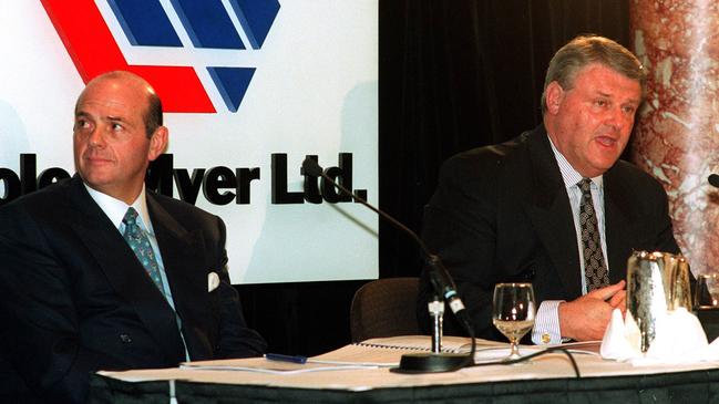 Solomon Lew back in the “good old days” as chairman of Coles Myer with then managing director Peter Bartels.