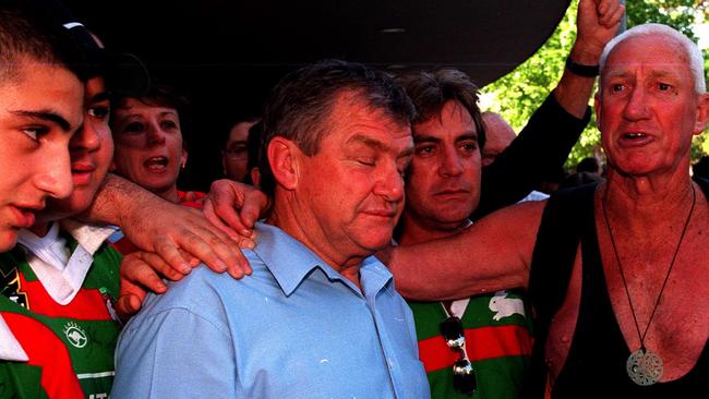 Nichols alongside George Piggins after news broke that Souths Football Club had been eliminated from the NRL. Picture: Phil Hillyard