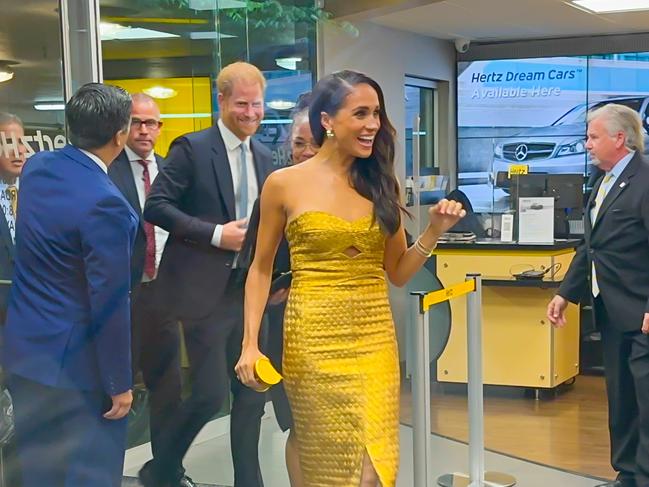 Harry, Meghan and her mother Doria Ragland entering the lobby of the venue for the Women of Vision awards prior to the alleged car chase. Picture: Raymond Hall/GC Images