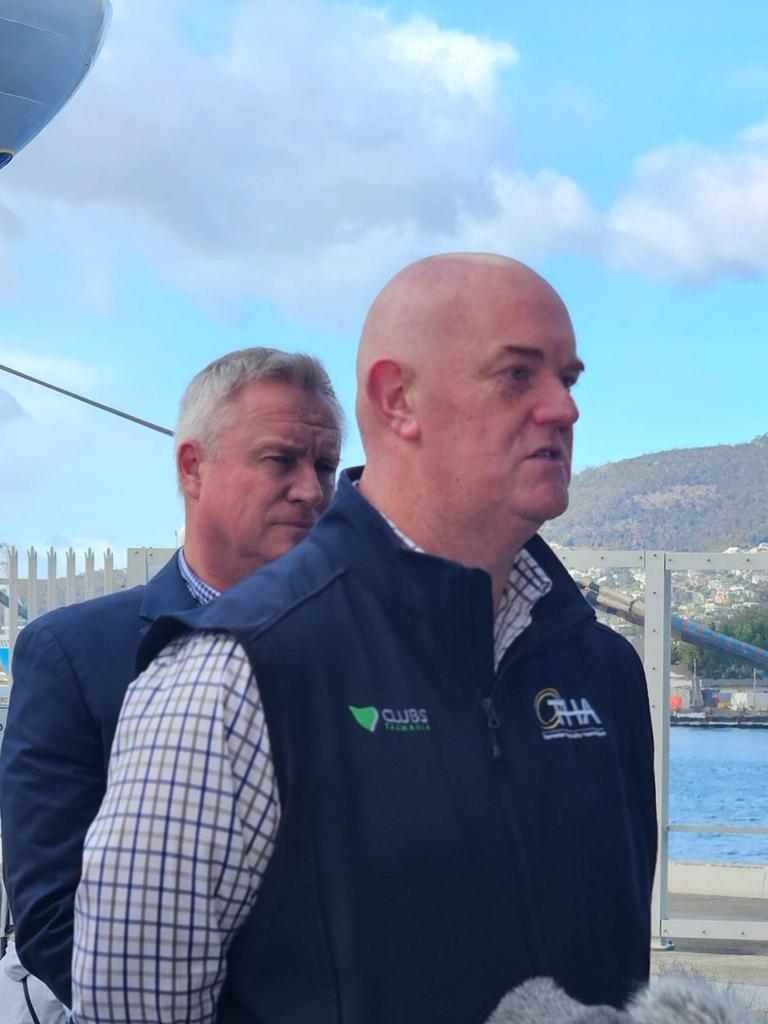 Tasmanian Hospitality Association chief Steve old speaks to the media at Macq 01 in Hobart on Monday, October 28, 2024.