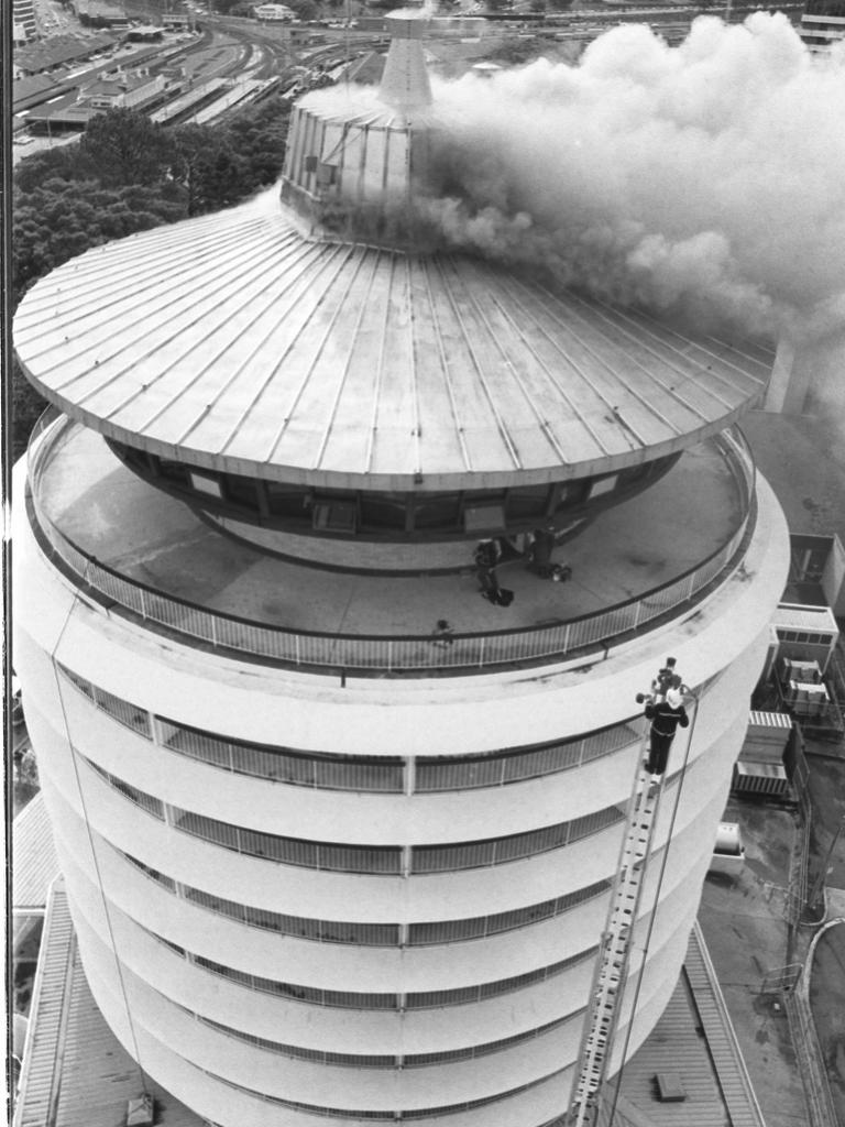 The top floor of the Tower Mill Motel in the CBD on fire in 1984. Forty firemen took 90 minutes to control the blaze. Picture: Phillip Norrish