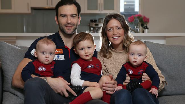 The Lewis clan ahead of Jordan’s 300th career game: Jordan, wife Lucy and kids (from L-R) Hughie, Freddie and Ollie. Picture: Michael Klein