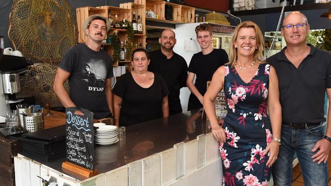 Maryborough’s 71 Wharf team. Owners Sharyn and Glen Joynson with (from left) Will Wilder, Pam Bowman, Lindsay Condon and Connor Joynson.