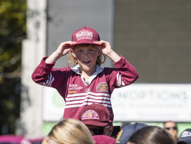 Archie Moodie with his hat signed by Kurt Capewell at Queensland Maroons fan day at Toowoomba Sports Ground, Tuesday, June 18, 2024. Picture: Kevin Farmer