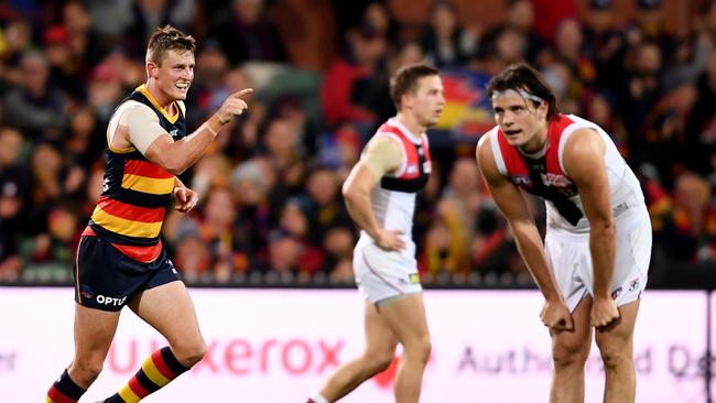 Matt Crouch celebrates one of his two Round 20 goals against the Saints. Picture: Mark Brake/Getty