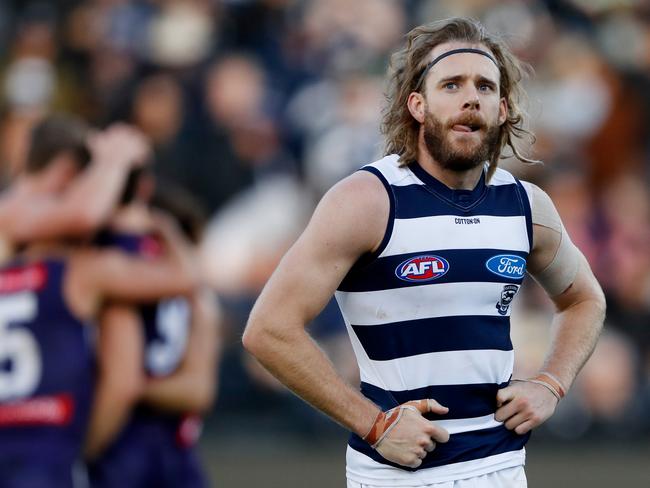 GEELONG, AUSTRALIA - APRIL 30: Cameron Guthrie of the Cats looks dejected after a loss during the 2022 AFL Round 07 match between the Geelong Cats and the Fremantle Dockers at GMHBA Stadium on April 30, 2022 in Geelong, Australia. (Photo by Dylan Burns/AFL Photos via Getty Images)