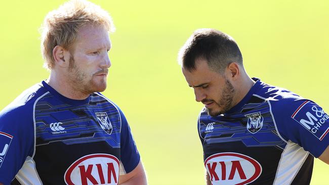 James Graham talks with Josh Reynolds after revelations he is off to Wests Tigers. Picture: Brett Costello