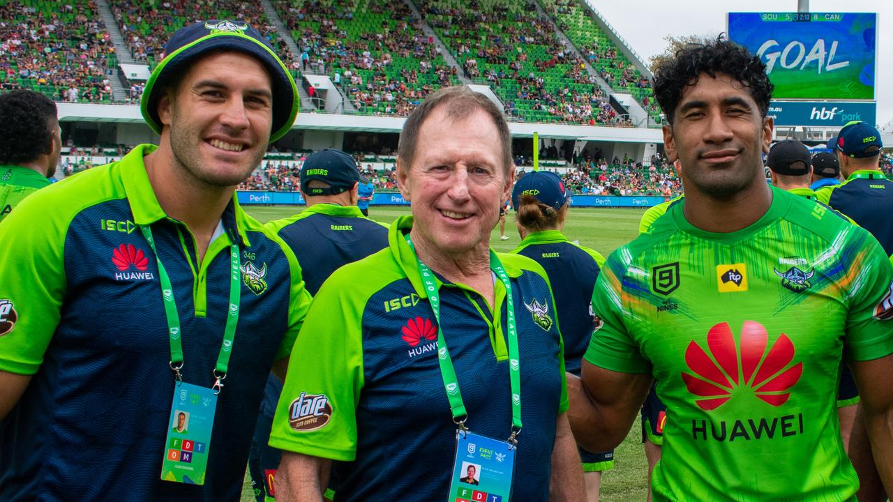 Canberra recruitment boss Peter Mulholland (second from left) with Raiders players at the Perth NRL Nines. Photo: Canberra Raiders