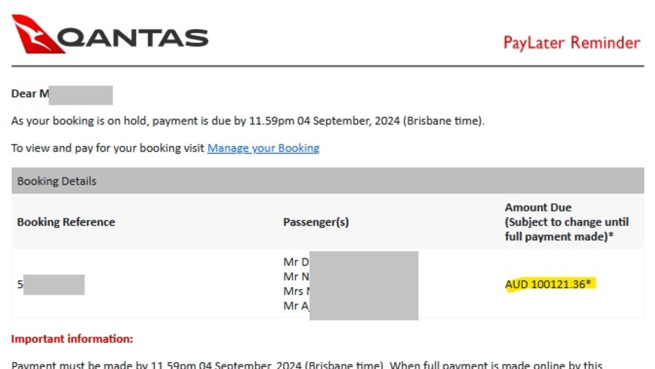 The amount due for the flights suddenly ballooned to more than $100.000. Picture: Supplied