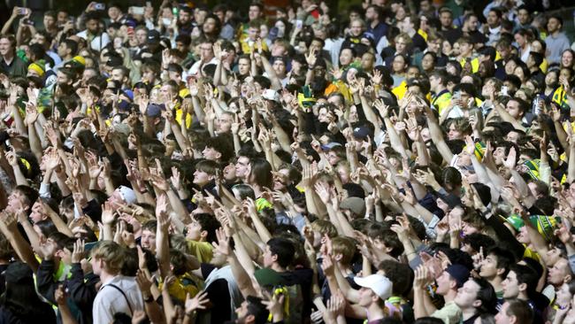 Fans at the World Cup live site ready to watch the Matildas, King George Square, Brisbane, on Wednesday 16th August 2023 – Photo Steve Pohlner