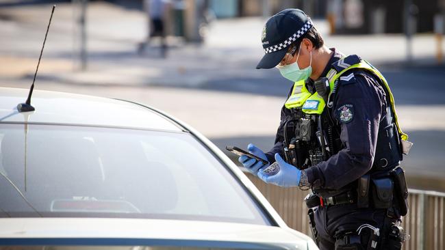 A random vehicle checkpoint outside the Melbourne Convention and Exhibition Centre in South Wharf, Melbourne. Picture: Mark Stewart