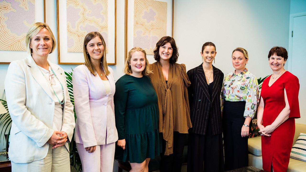 EXCLUSIVE - From left to right: independent MP Zali Steggall, Brittany Higgins, Josie Coles, Chelsey Potter, Chantal Contos, Rachelle Miller and Kerri Hartland, who is leading the task force reviewing the implementation of the Jenkins report’s recommendations.