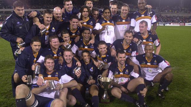 The Brumbies celebrate the 2001 Super Rugby title; they remain the only Australian franchise to win two. Picture: John Feder