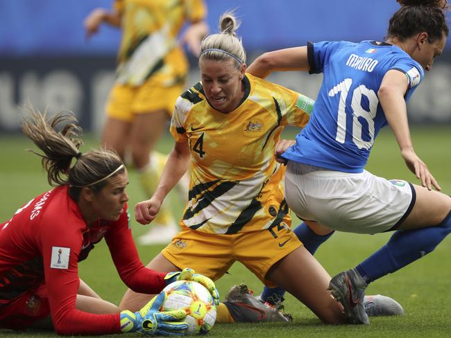 Matildas goalkeeper Lydia Williams claims the ball during the Women’s World Cup match against Italy. Picture: AP