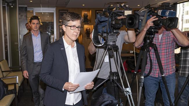 ACTU secretary Sally McManus arrives to speak to the media during a press conference at the ACTU building in Melbourne. Picture: AAP/Daniel Pockett