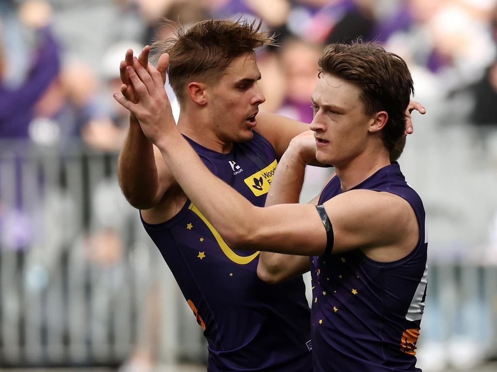 Jye Amiss celebrates a goal on Sunday. Picture: Will Russell/AFL Photos via Getty Images.