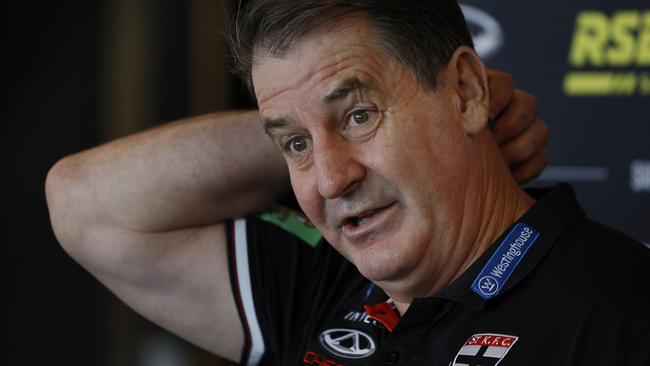 MELBOURNE , AUSTRALIA. May 30, 2024.  St Kilda training at RSEA Park, Moorabbin .    Ross Lyon, Senior Coach of the Saints at his weekly  press conference    . Pic: Michael Klein