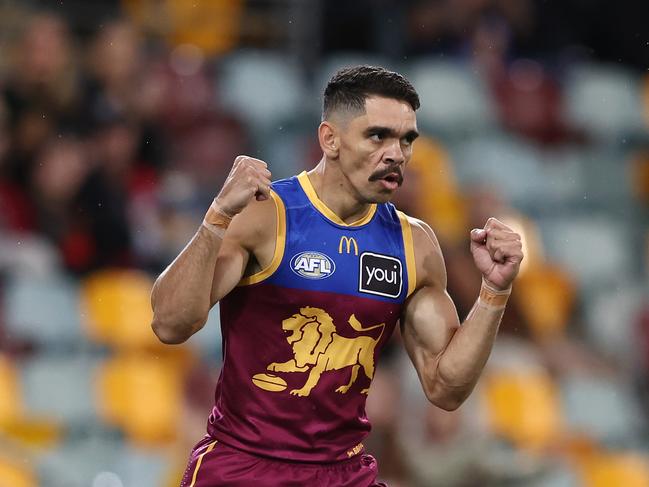 BRISBANE, AUSTRALIA - MAY 29: Charlie Cameron of the Lions celebrates a goal during the round 12 AFL match between Brisbane Lions and Essendon Bombers at The Gabba, on May 29, 2025, in Brisbane, Australia. (Photo by Chris Hyde/AFL Photos/via Getty Images)