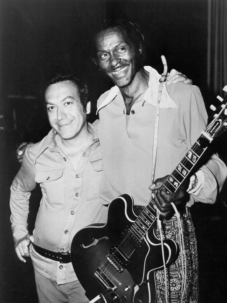 DJ Art Laboe with rock and roll musician Chuck Berry in 1975. Picture: Michael Ochs Archives/Getty Images