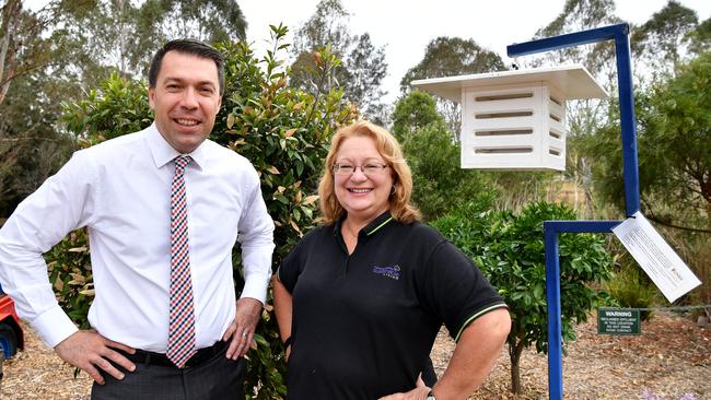 Campbelltown Mayor George Brticevic and Anne Maree O'Neill visit the new weather station that has been installed at the Macarthur Centre for Sustainable Living, in Mt Annan. Picture: Joel Carrett