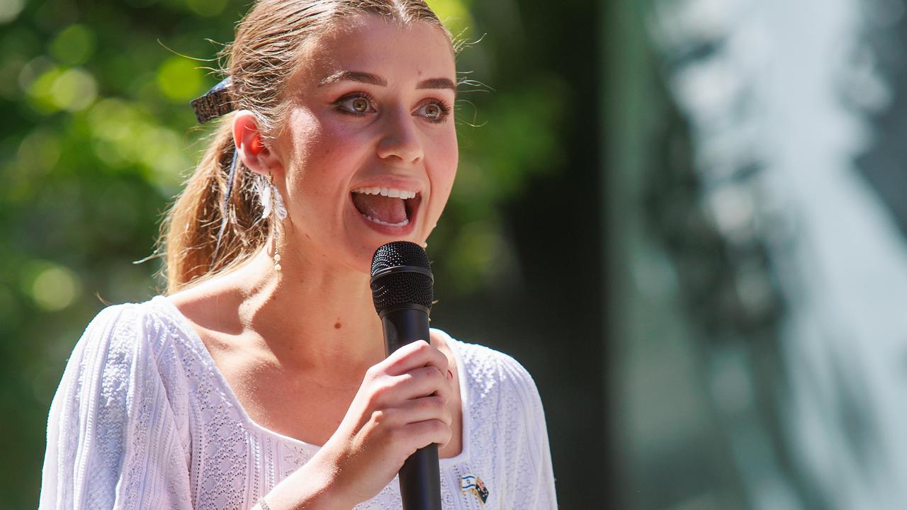 Former NSW Liberal candidate Freya Leach speaking at the Bring Them Home rally, organised by the Jewish community, to call for the release of Israeli hostages last November. Picture: Justin Lloyd