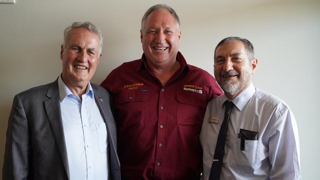 Mayoral candidates for the 2024 Mackay Regional Council (from left): incumbent mayor Greg Williamson, Steve Jackson, and incumbent councillor Laurence Bonaventura. Picture: Heidi Petith